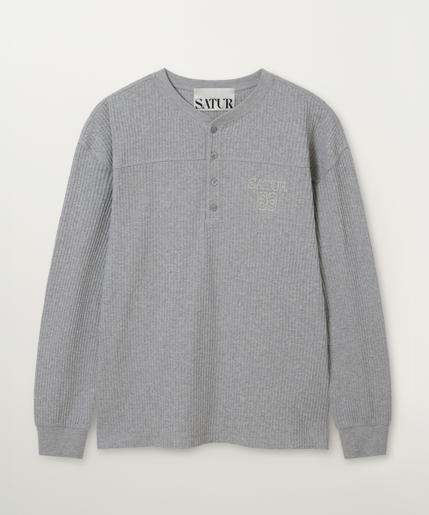 Stitch Waffle Henley Neck Long Sleeve Melange Gray