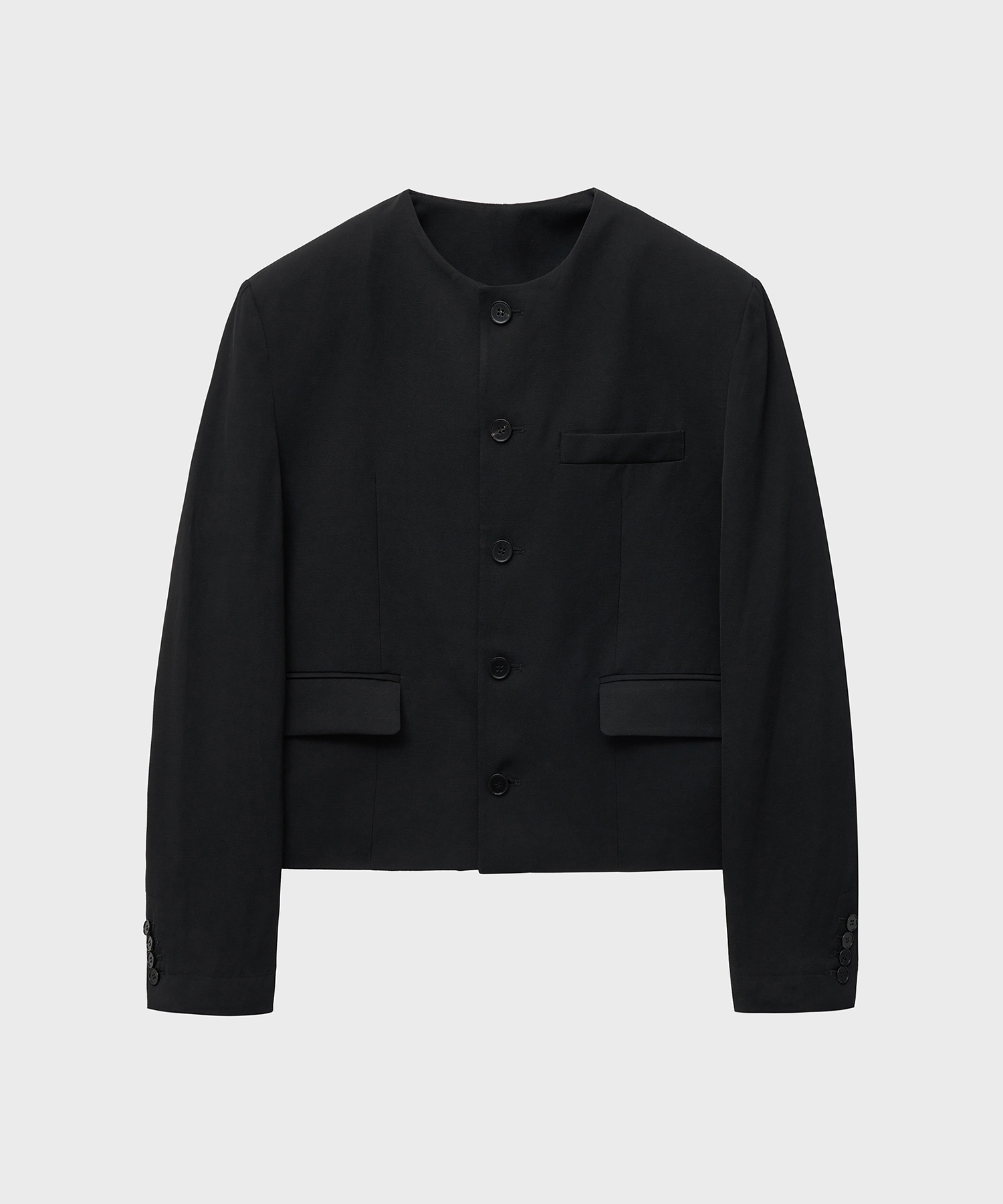 LINEN NON-COLLARED CROP JACKET (BLACK)