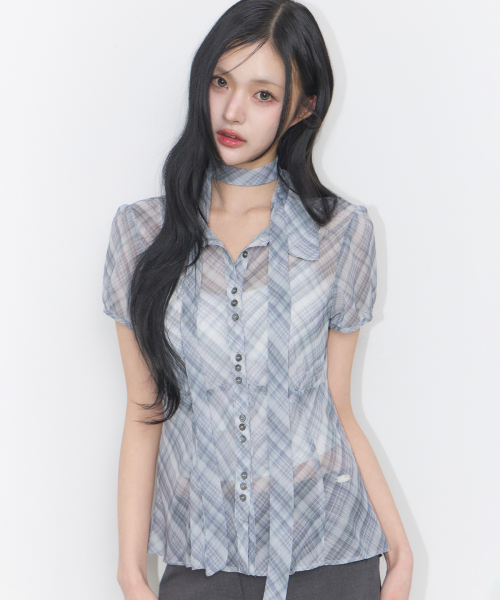 플레어 퍼프 블라우스 체크 그레이