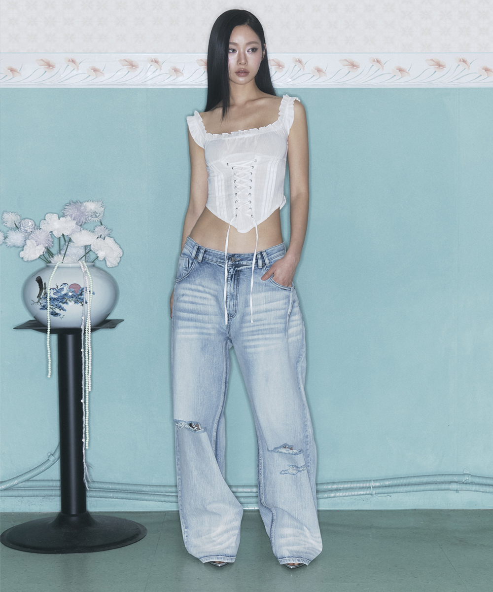 25Damaged Washing Wide Denim (Ice Blue)