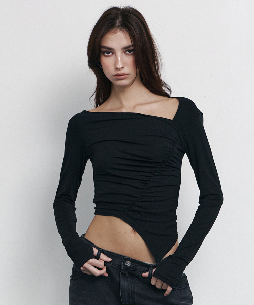 Sadie Unbal Shirring Long Sleeve Top (Black)