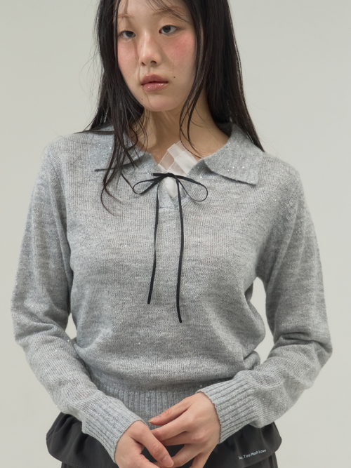 Ribbon Tie Collar Knit Top_Gray