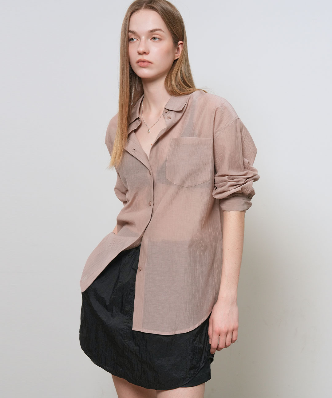 woman wrinkle sheer shirt розовый бежевый