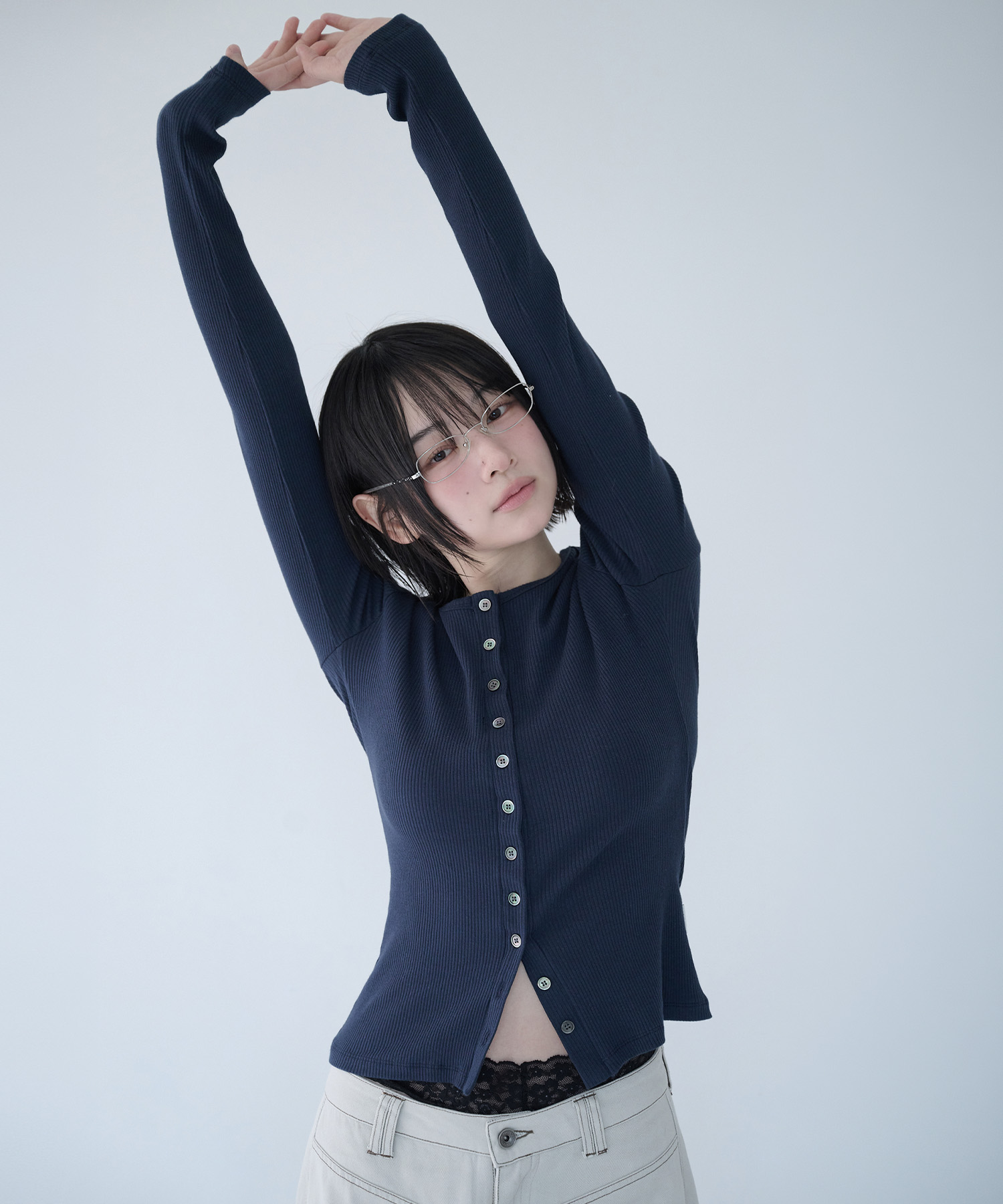 BUTTON RIBBED CARDIGAN морской