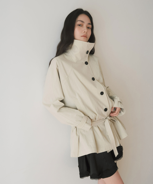HIGH NECK BELTED HALF JACKET, бежевый