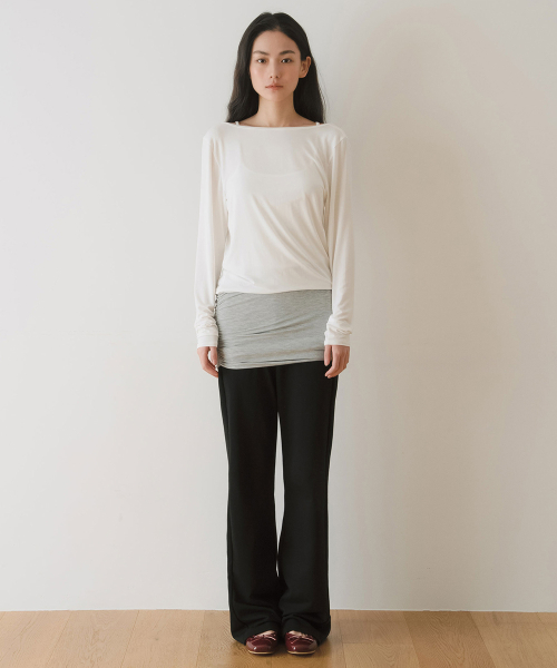 LAYERED LOOSE SHIRRING U-NECK TOP, WHITE_GREY