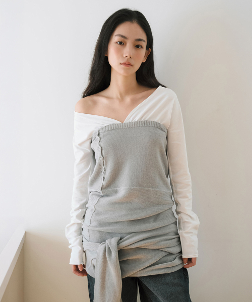 SIDE BUTTON CURVED KNIT DRESS, LIGHT GREY