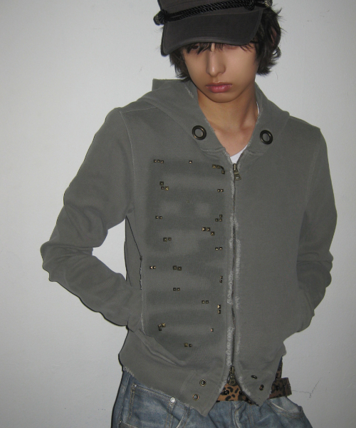 Grid Stud Pigment Zip-Up Hoodie_Khaki