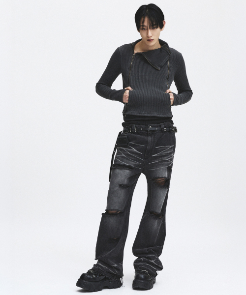 Dual Zipper Waffle Thermal Zip-Up_[Charcoal]