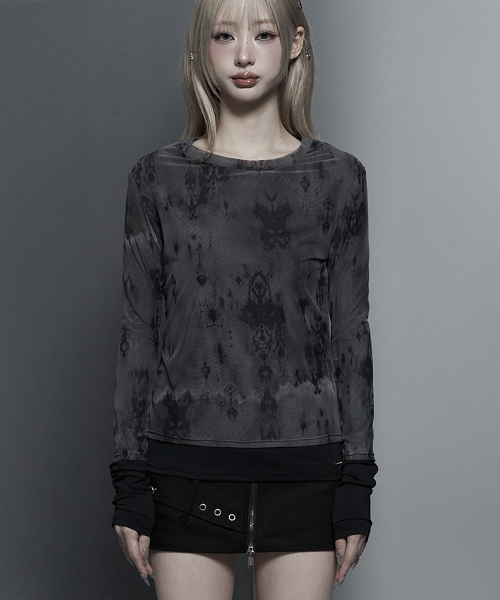 Sheer Double Rib Long Sleeve Top (Black)