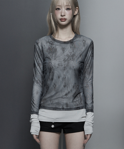 Sheer Double Rib Long Sleeve Top (Light Gray)