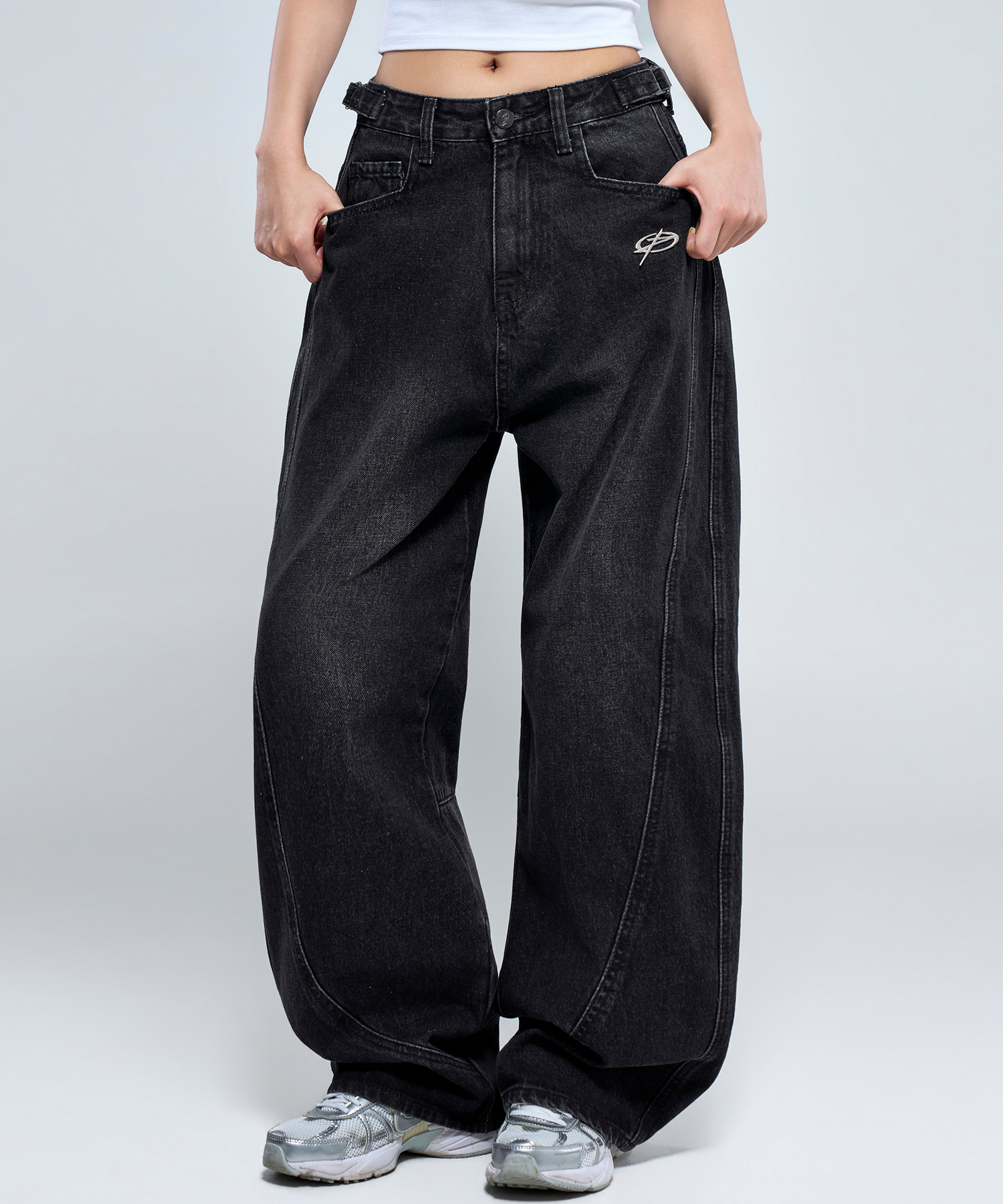 P5070 Washed Black женские кривой крой джинсы тёмно-синие