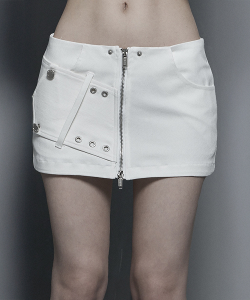 Front Zipper Belt Detail Mini Skirt (White)