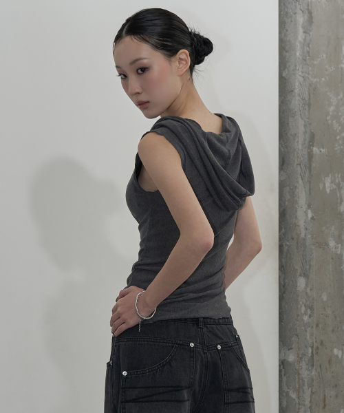 MESH HOODED SLEEVELESS TOP (CHARCOAL)