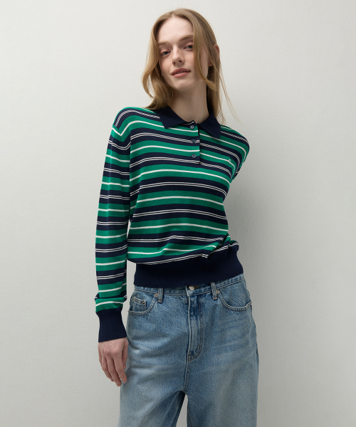 [26SS clove] Stripe Collar Button Pullover (Green)
