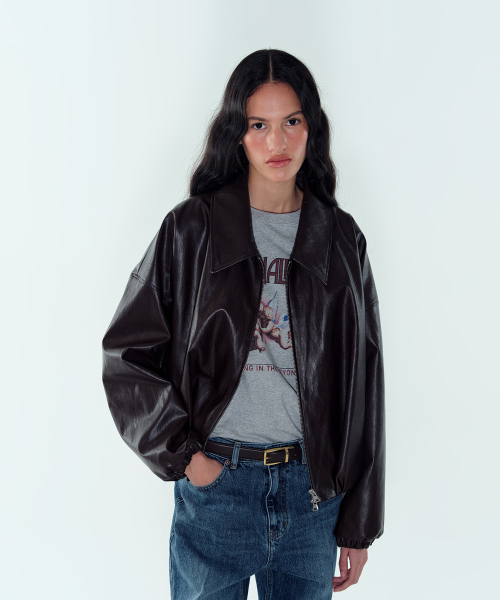 W FAUX LEATHER SHIRRED BLOUSON - BROWN