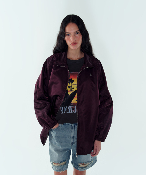 W NYLON HIGH-NECK ZIP-UP JUMPER - WINE