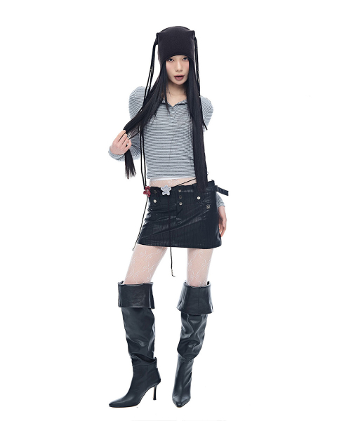 Leather Strap Mini Skirt_Black