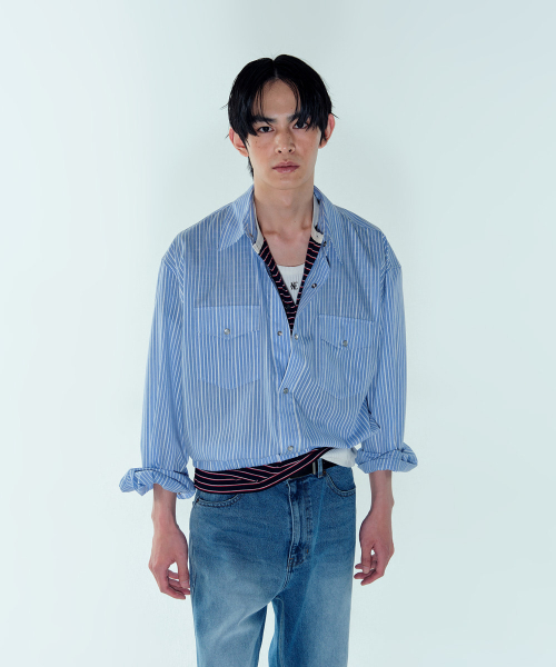 JACQUARD STRIPED WESTERN BLOUSON SHIRT - BLUE