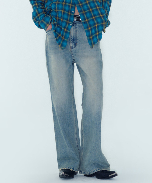 M VINTAGE FADED DISTRESSED FLARED JEANS - LIGHT BLUE