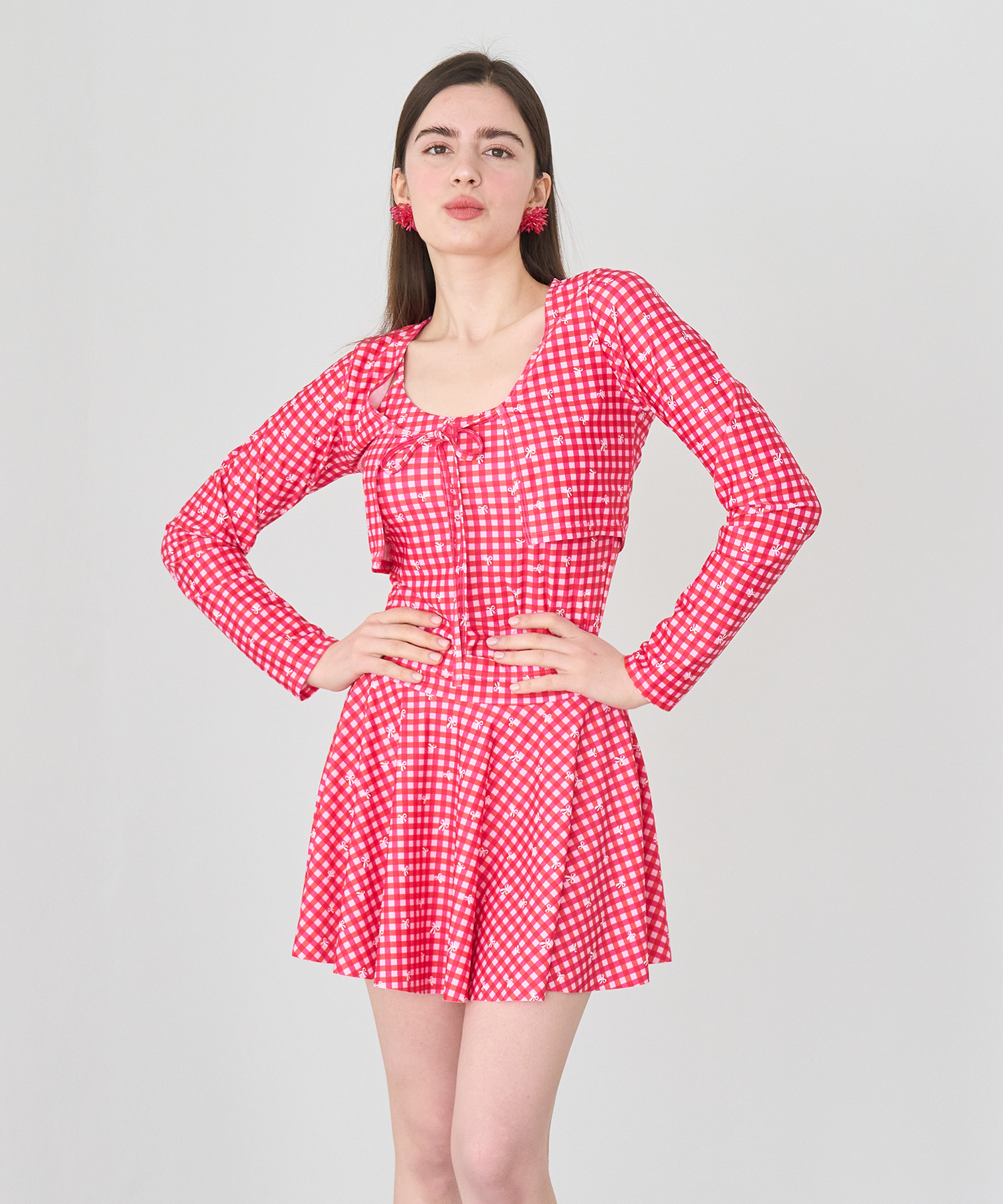 Beach Cardigan Swimsuit Set Check Red