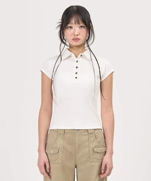 Button Cap Sleeve Collar футболка (белый)