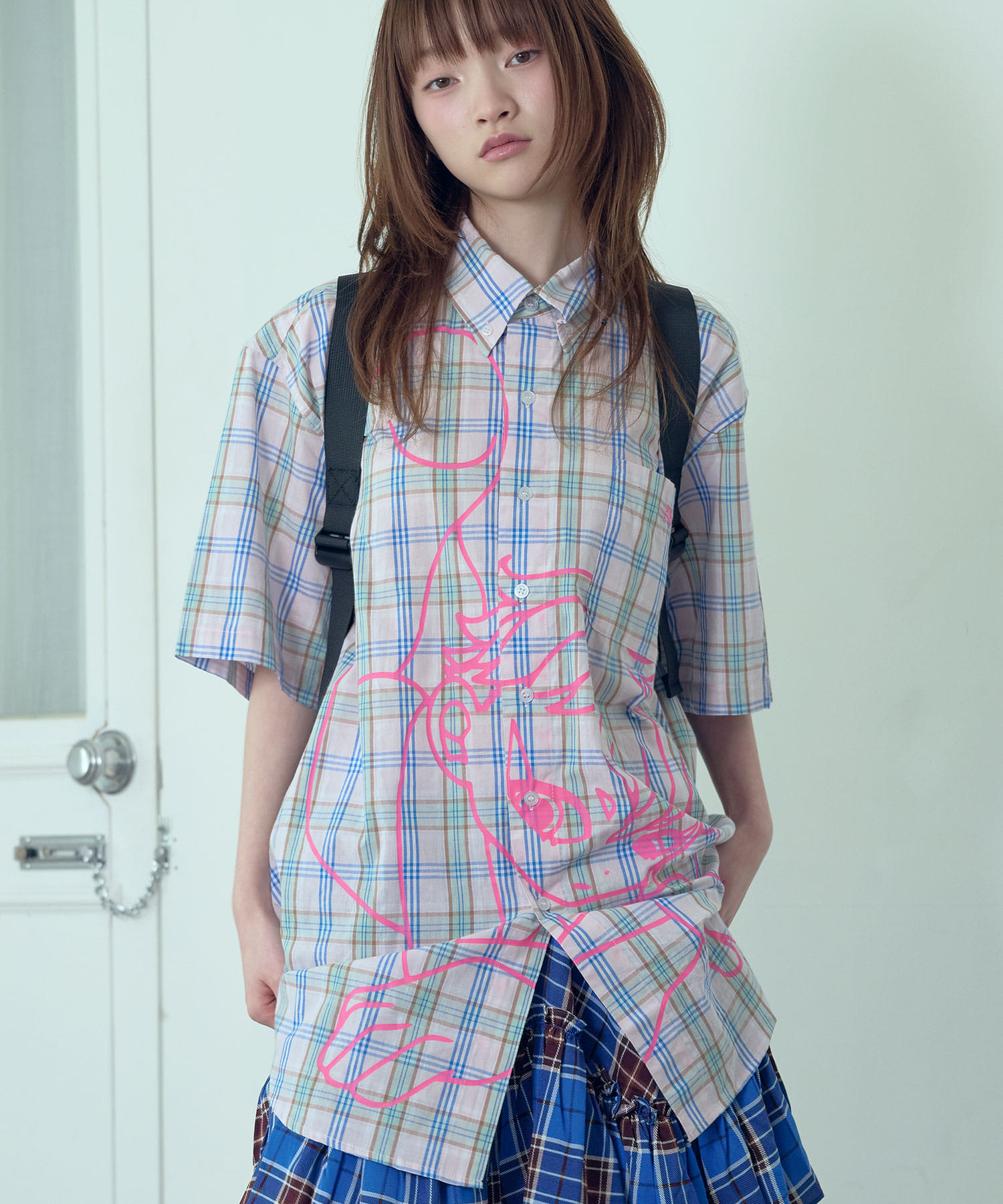 ANGEL в клетку BIG BIG HALF SHIRT_PINK(NG2GSUW360A)