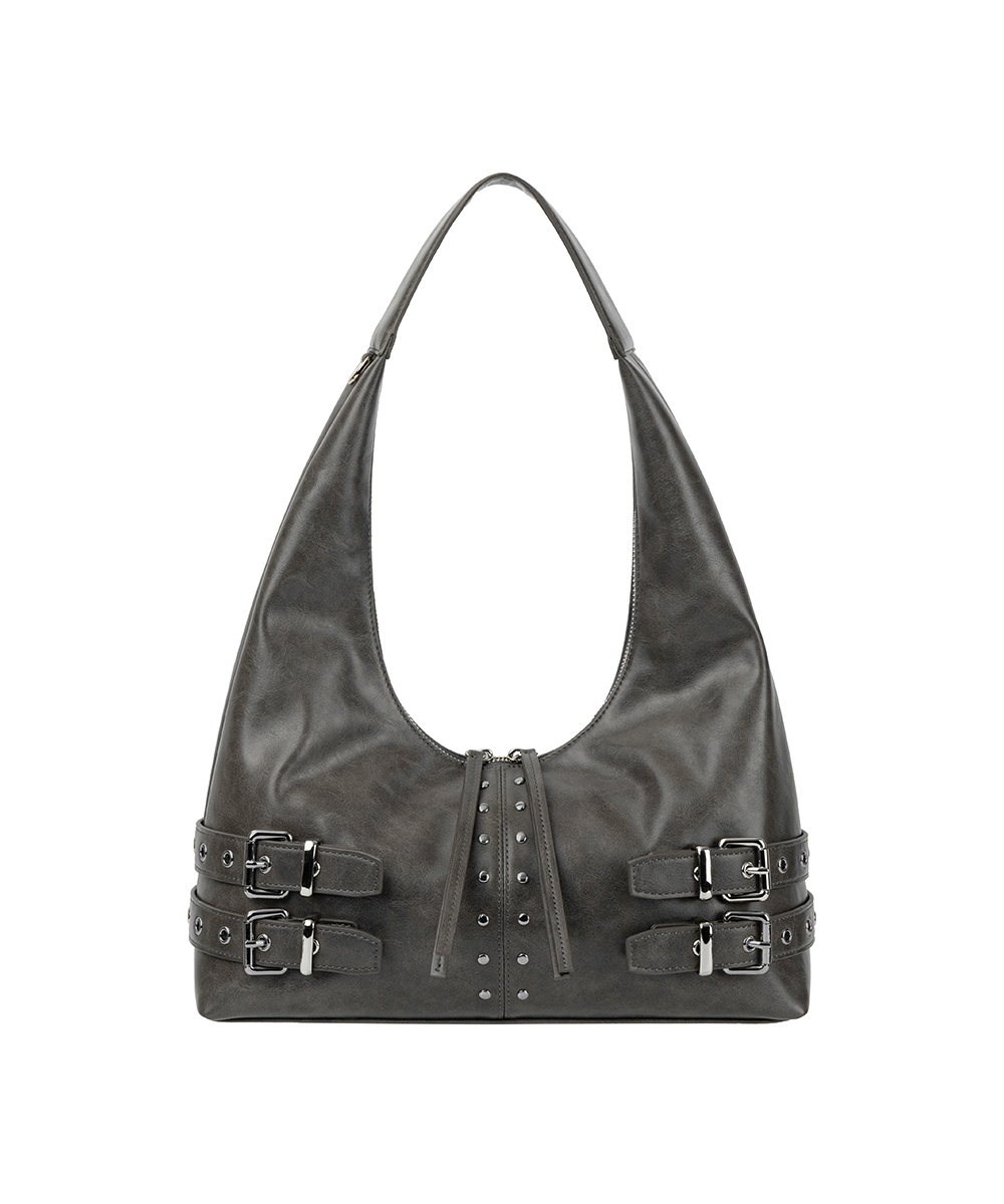 Double-Buckle Stud Shoulder Bag [ Light Gray ]