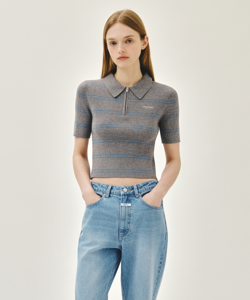 W STRIPE HALF ZIP UP SLIM KNIT melange gray