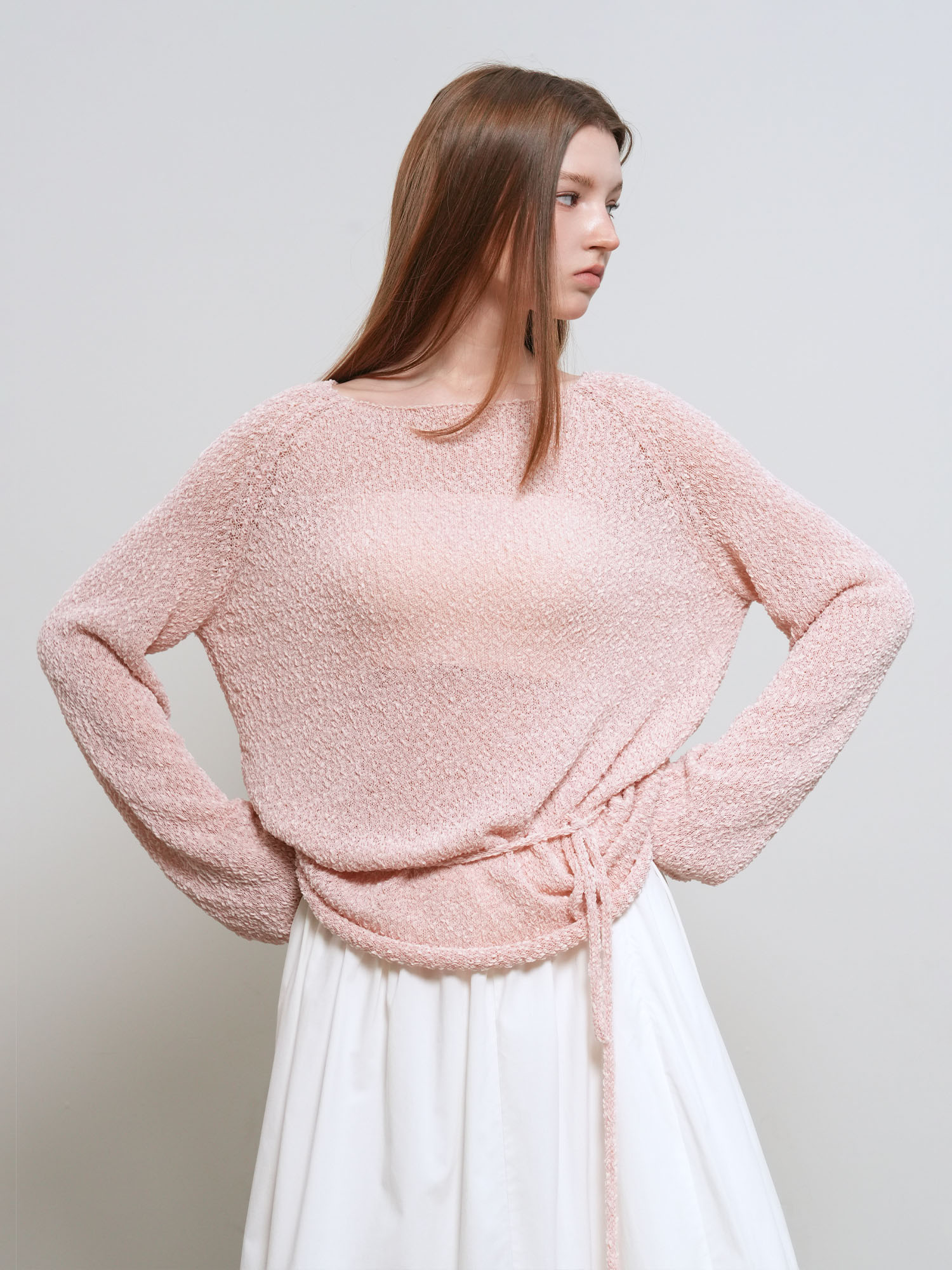 woman sheer boucle boat neck pullover [pink]