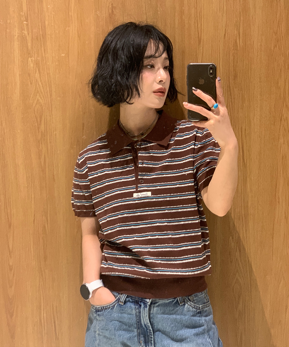 woman stripe collar half knit [brown]