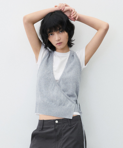 (Women) Льняной многослойный жилет с запахом Melange Grey