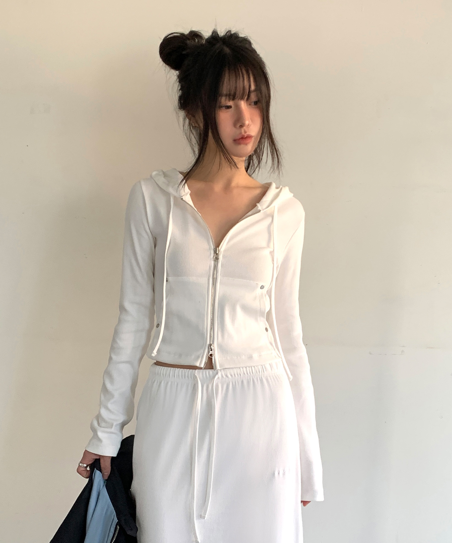 выстиранный Rib Zip-up худи (Ivory)