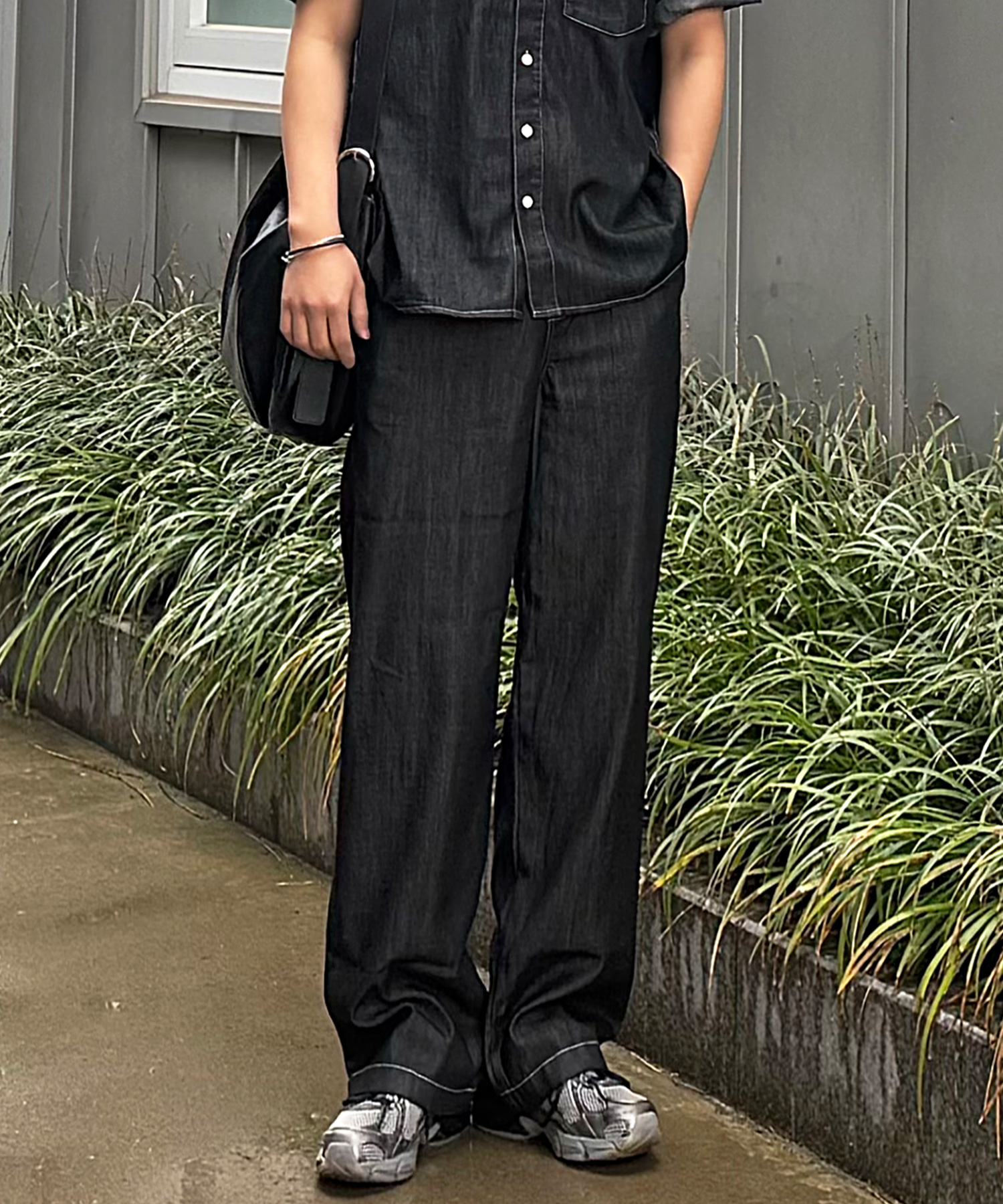 linen like full banding wide denim pants - 3color