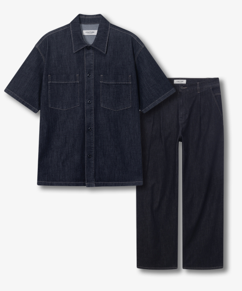 [SET][COUTURE]7oz Nonfaded Indigo Denim Oversized Fit Short-Sleeved Shirt Set-up