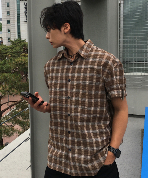Checkered Oversized Fit Pocket Brown Short-Sleeved Shirt