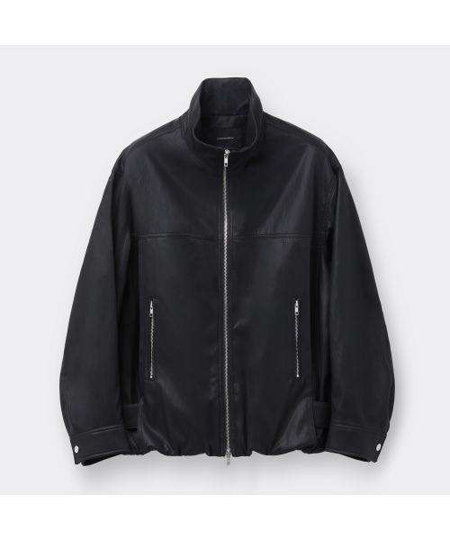 черный Faux кожаный Highneck куртка CWUAM26313BKX