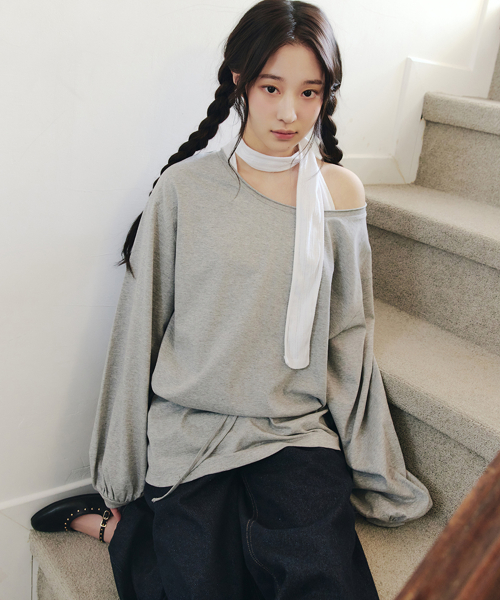 ONE SHOULDER STRING T-SHIRT_MELANGE