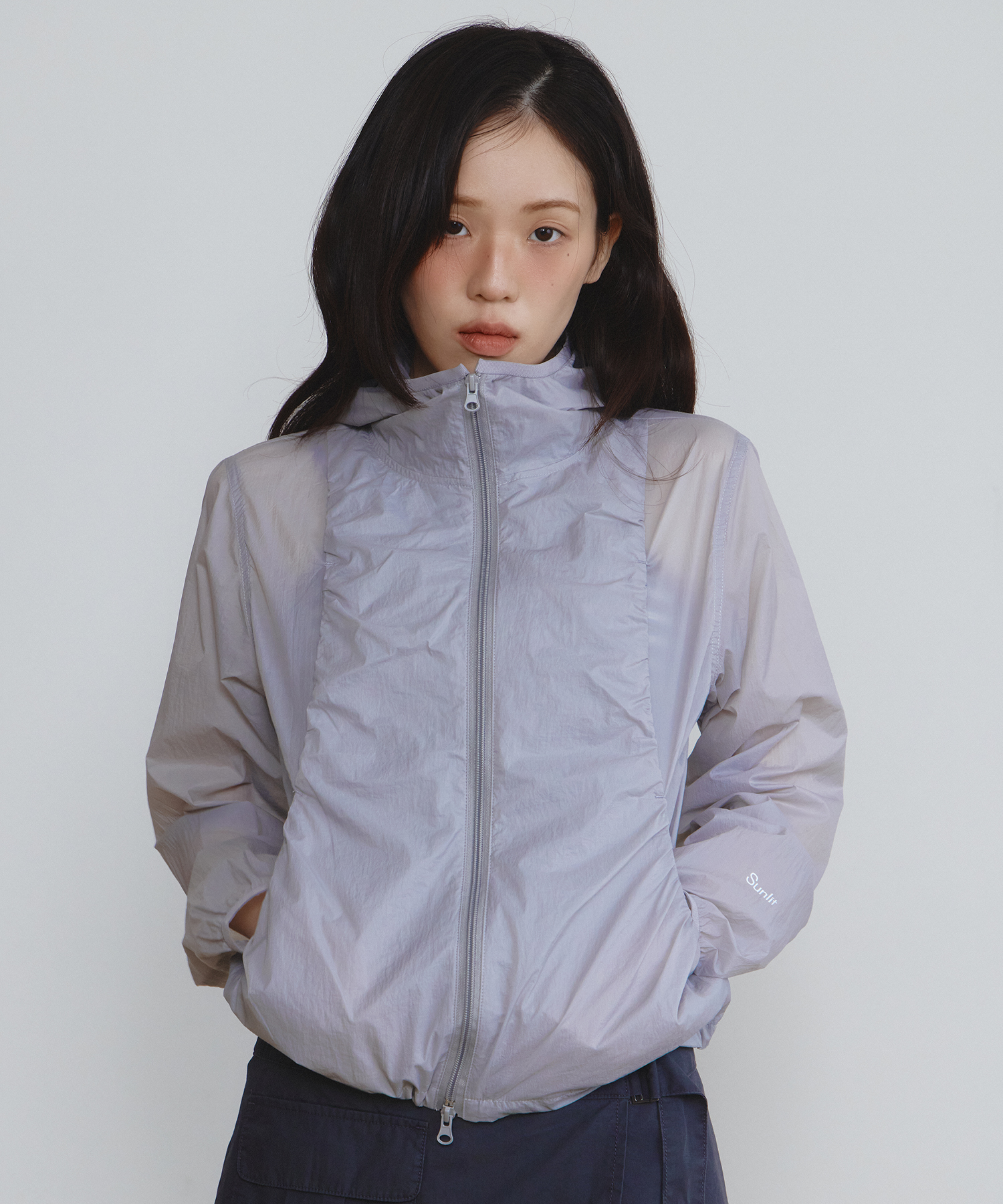 Shirring Hooded Wind Breaker (Light Gray)