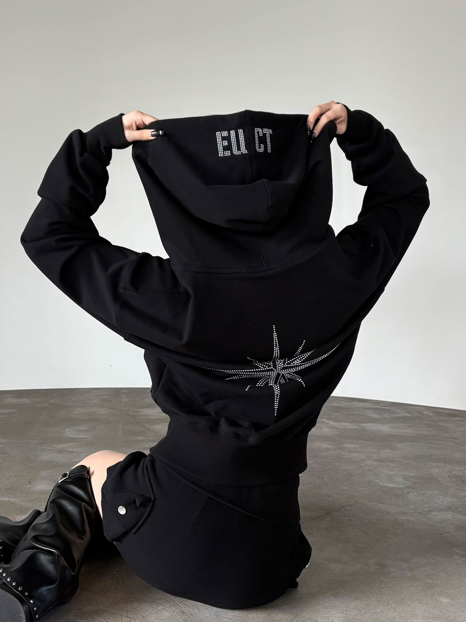 EUCT Hotfix Rhinestone Hood Zip Up - BLACK