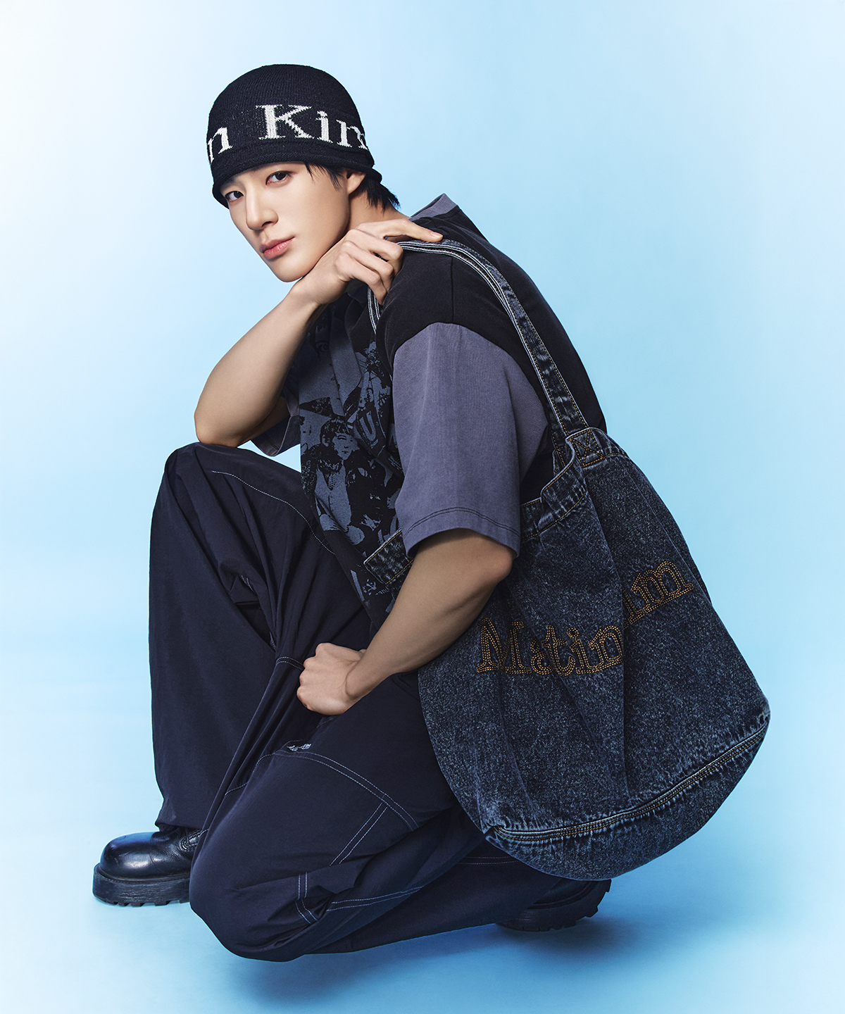 MATIN STITCH DENIM SHOULDER BAG IN BLACK