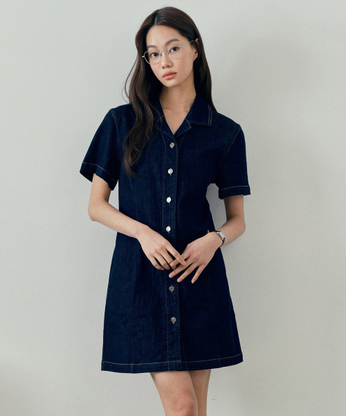 [W]셔츠형 카라 로우 인디고 데님 원피스