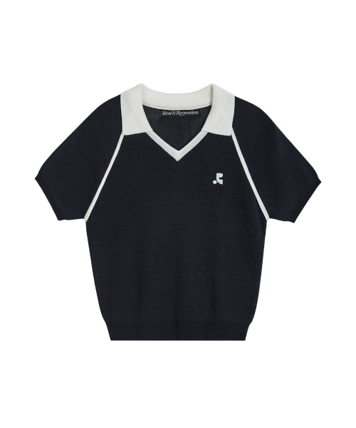 V-NECK COLLAR KNIT TOP - NAVY