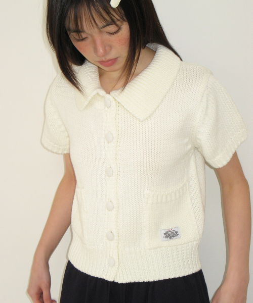POCKET COLLARED KNIT SHORT SLEEVE CARDIGAN IVORY