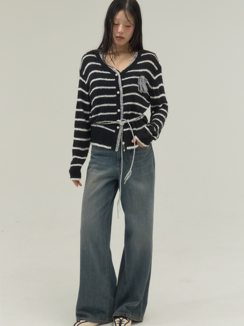 Fringe Trim Marine Knit Cardigan_Black