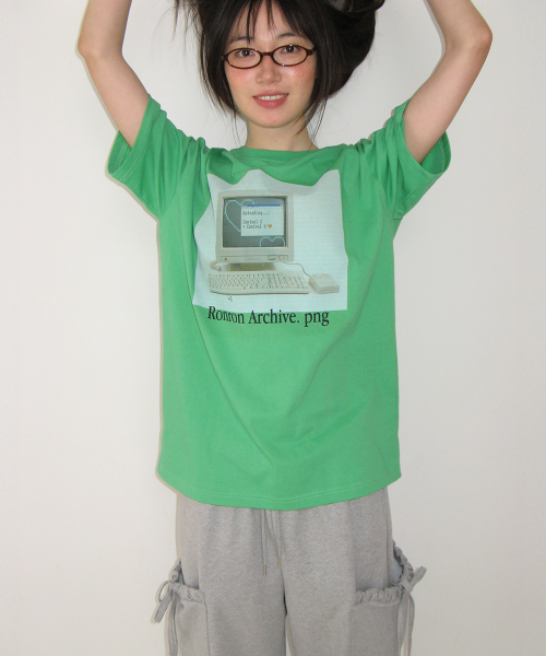 RETRO COMPUTER GRAPHIC OVER FIT T SHIRT GREEN