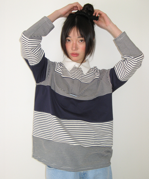 STRIPE BLOCK COLLAR LONG SLEEVE NAVY