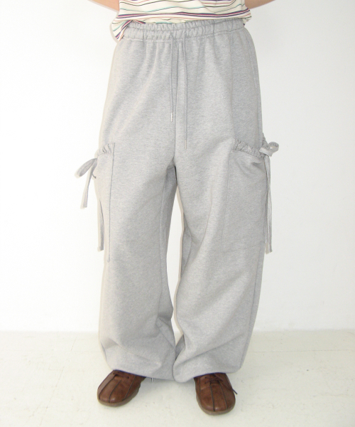 FRILL POCKET WIDE SWEAT PANTS GREY