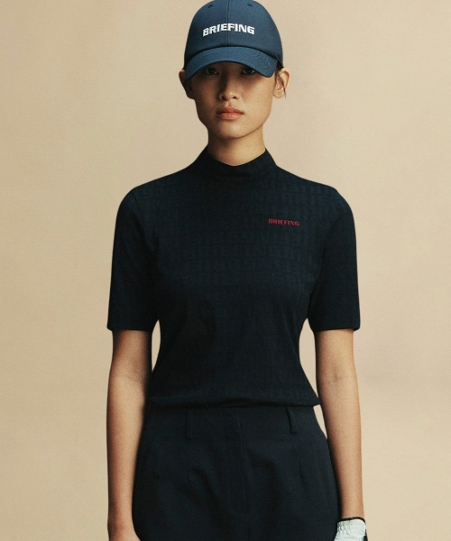 브리핑 골프(BRIEFING GOLF) 여자 로고 자가드 하이넥 숏슬리브_블랙