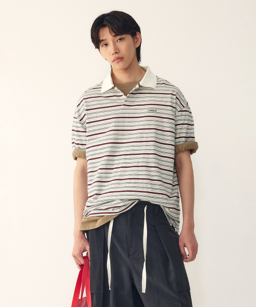 [MEN] Multi Stripe воротник футболка Ivory 9156222211